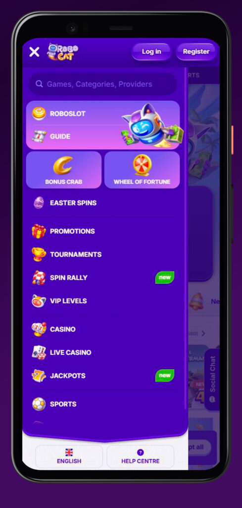menu in app robocat casino